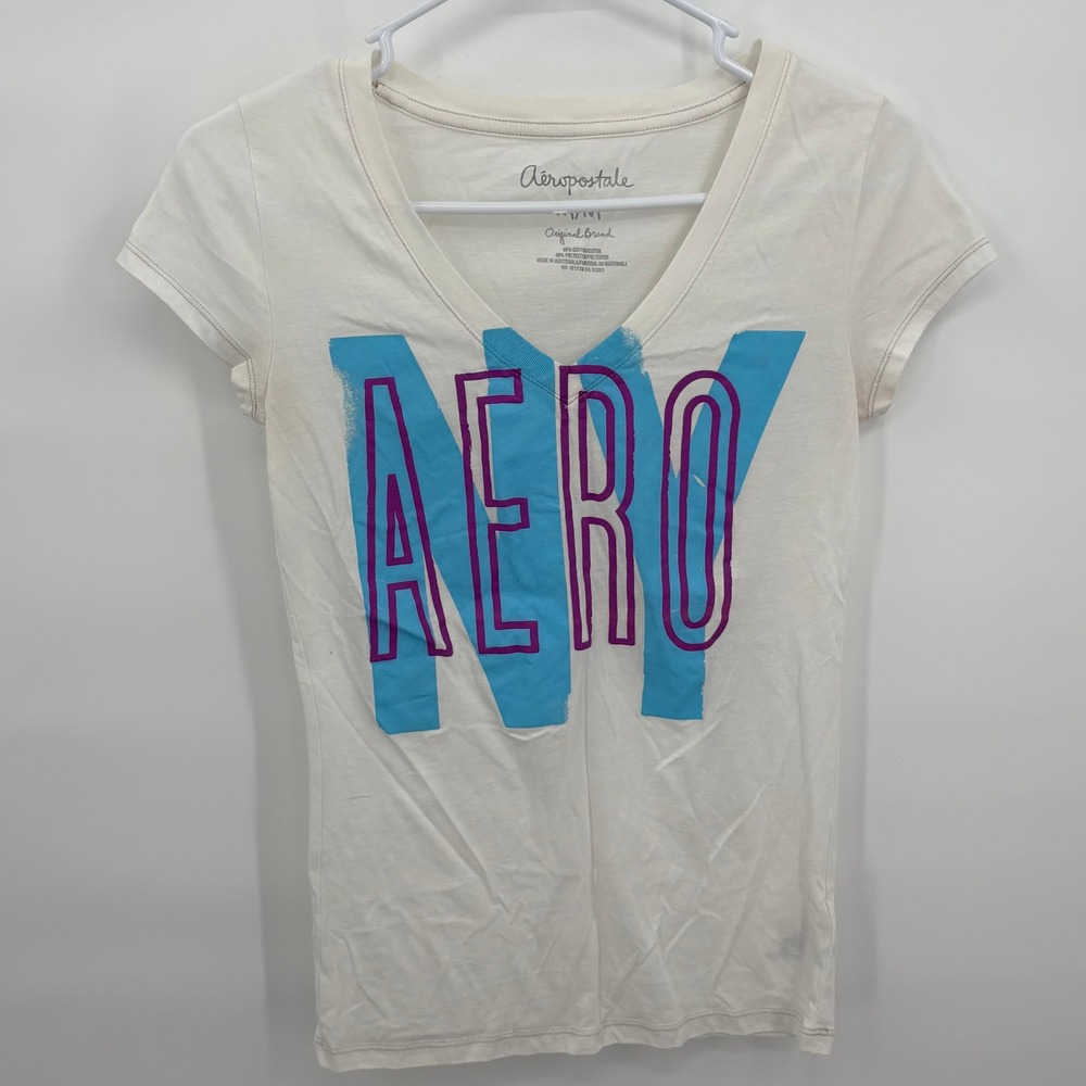 Aeropostale Womens M White V-Neck‎ Graphic T-Shirt Aero NY Blue Purple Y2K
